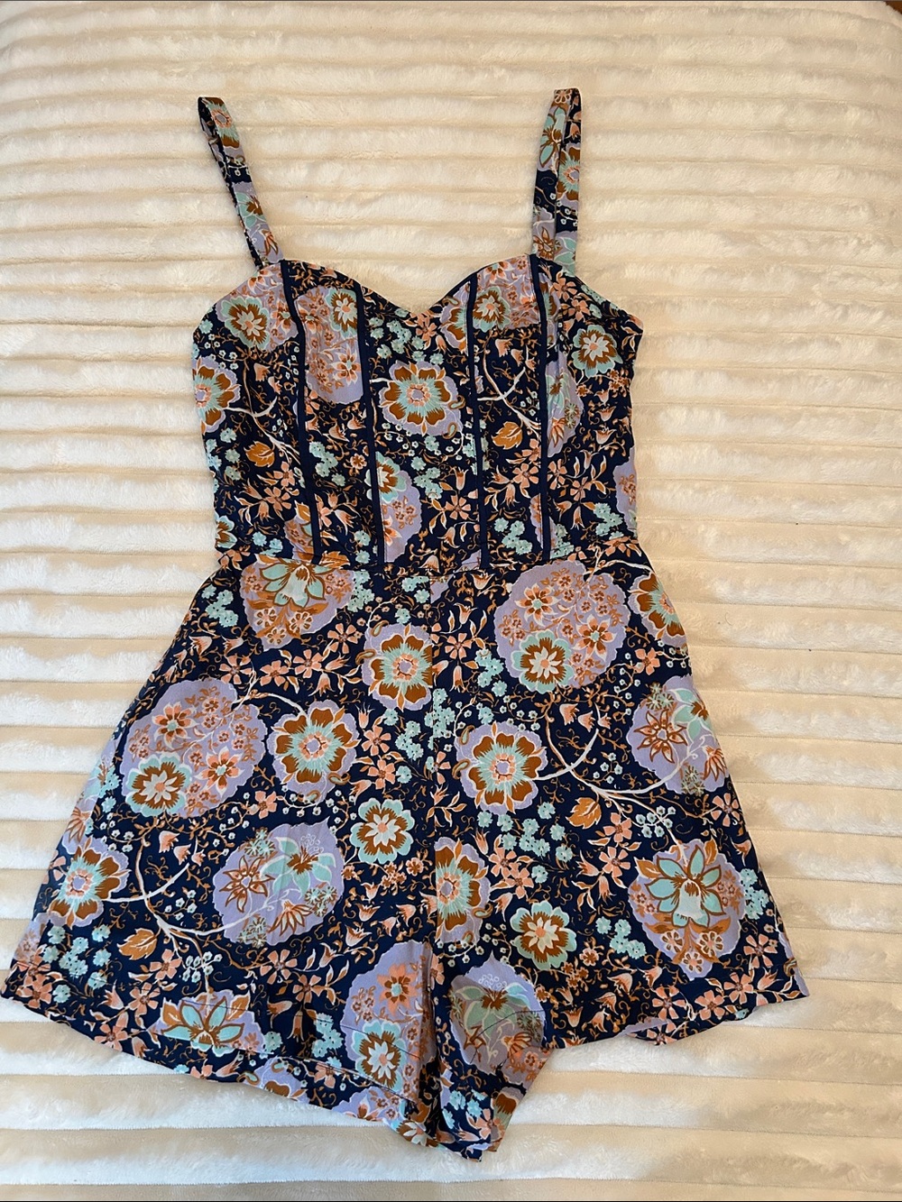 XS | Navy Floral Sweetheart Romper with Adjustable Straps